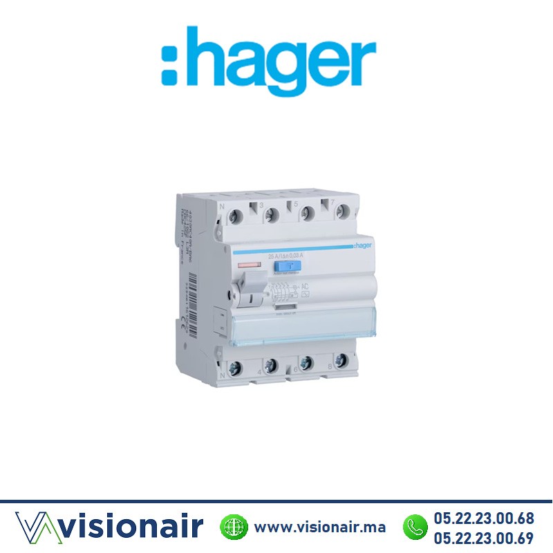 [CDC425F] Interrupteur différentiel 4P HAGER 4x25A 30mA CDC425F