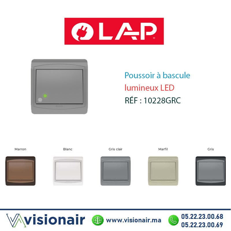 [10228GRC] Poussoir à bascule lumineux LED LAP GALAXY Gris clair 10228GRC