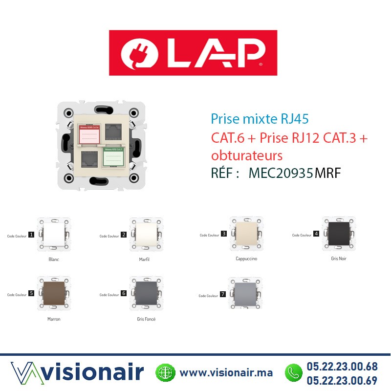 [20944MRF2] Prise mixte RJ45 CAT.5e + Prise RJ12 CAT.3 + obturateurs Marfil LAP Millenium 20944MRF2