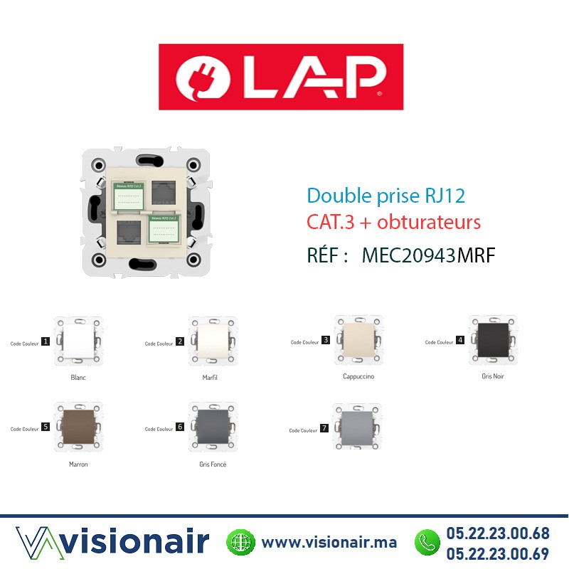 [20943MRF2] Double prise RJ12 CAT.3 + obturateurs LAP Millenium Marfil 20943MRF2