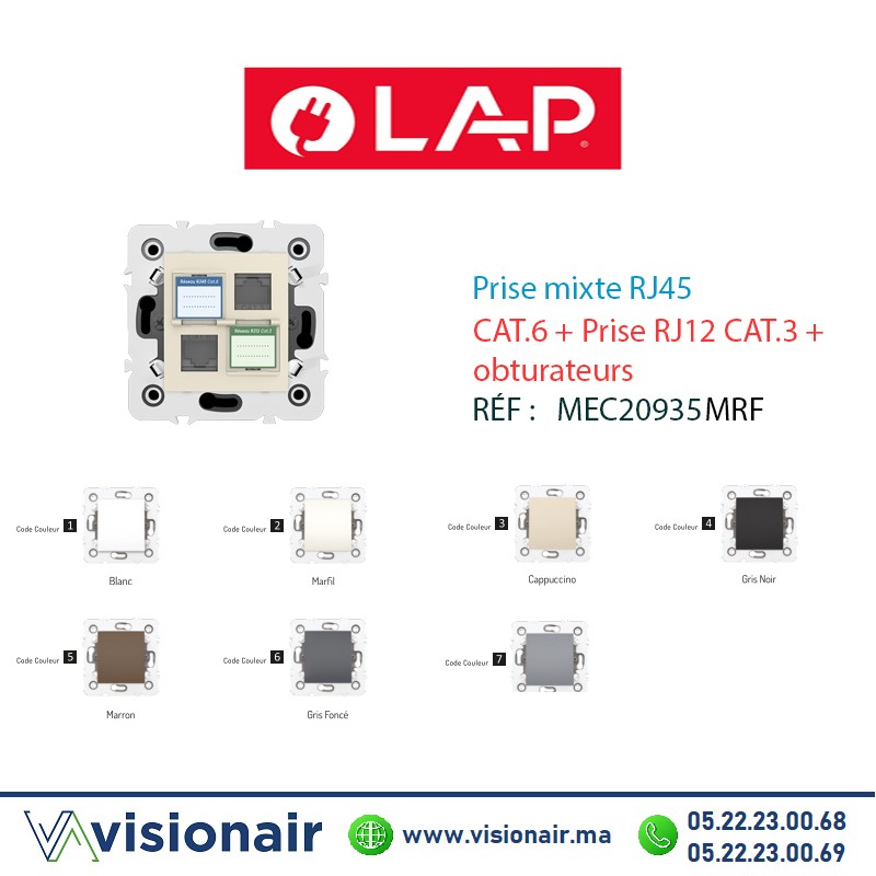 [20935MRF] Prise mixte RJ45 CAT.6+Prise RJ12 CAT.3 obturateurs Marfil LAP Millenium 20935MRF