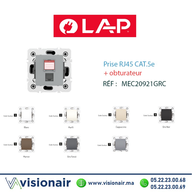 [20921GRC7] Prise RJ45 CAT.5e + obturateur Gris clair LAP MILLENIUM 20921GRC7
