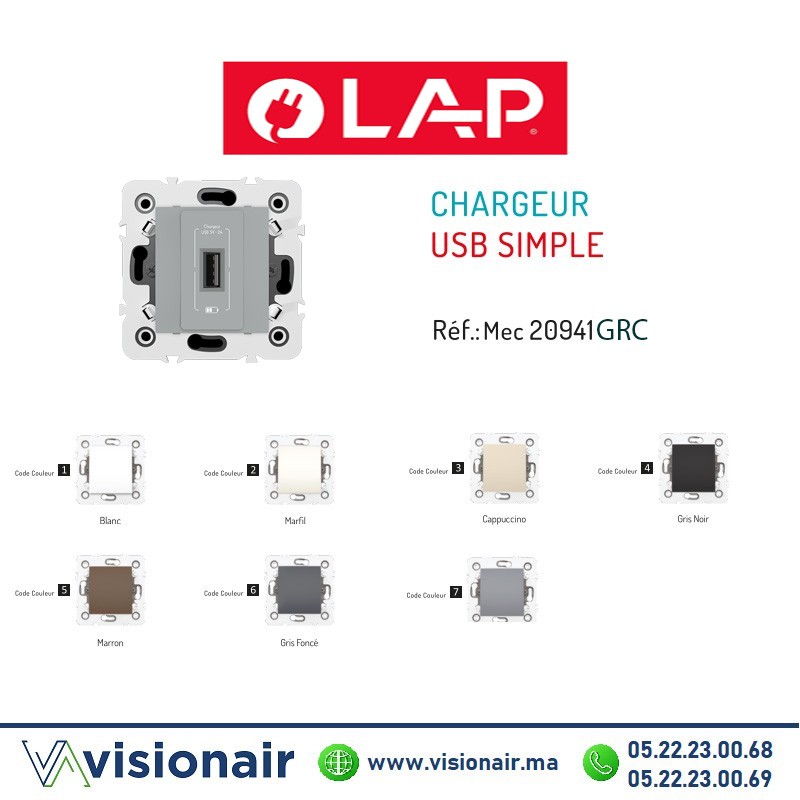 [20941GRC7] Chargeur USB simple LAP Millenium Gris clair 20941GRC7