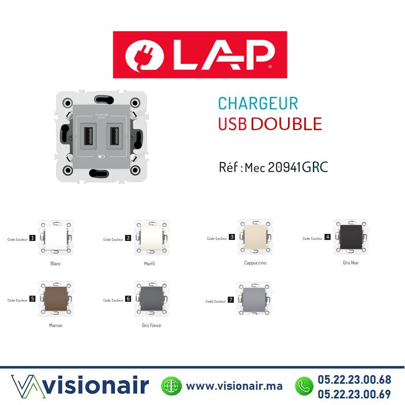 [20942GRC7] Chargeur USB double LAP Millenium Gris clair 20942GRC7