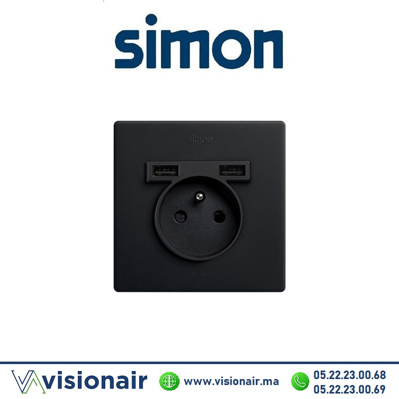 [27193610-098] Kite monobloc Simon270 1 prise + 2USB Noir 27193610-098