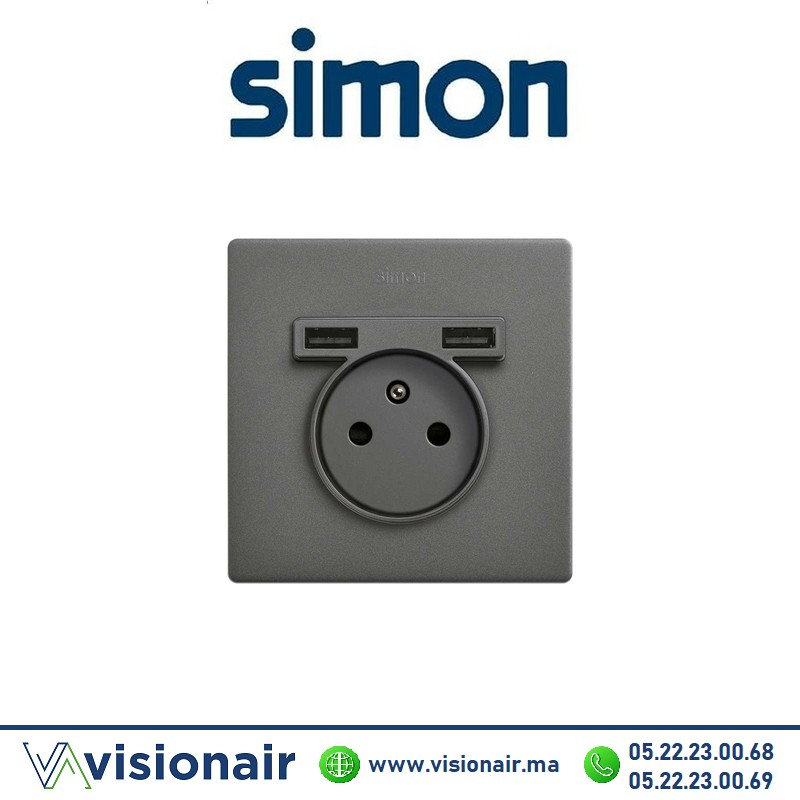 [27193610-096] Kite monobloc Simon270 1 prise + 2USB Titane 27193610-096