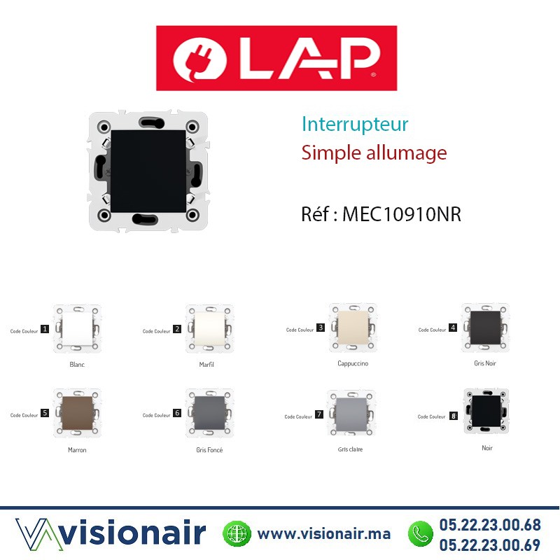 [LAP10910NR] Interrupteur Simple allumage NOIR LAP Millenium 10910NR