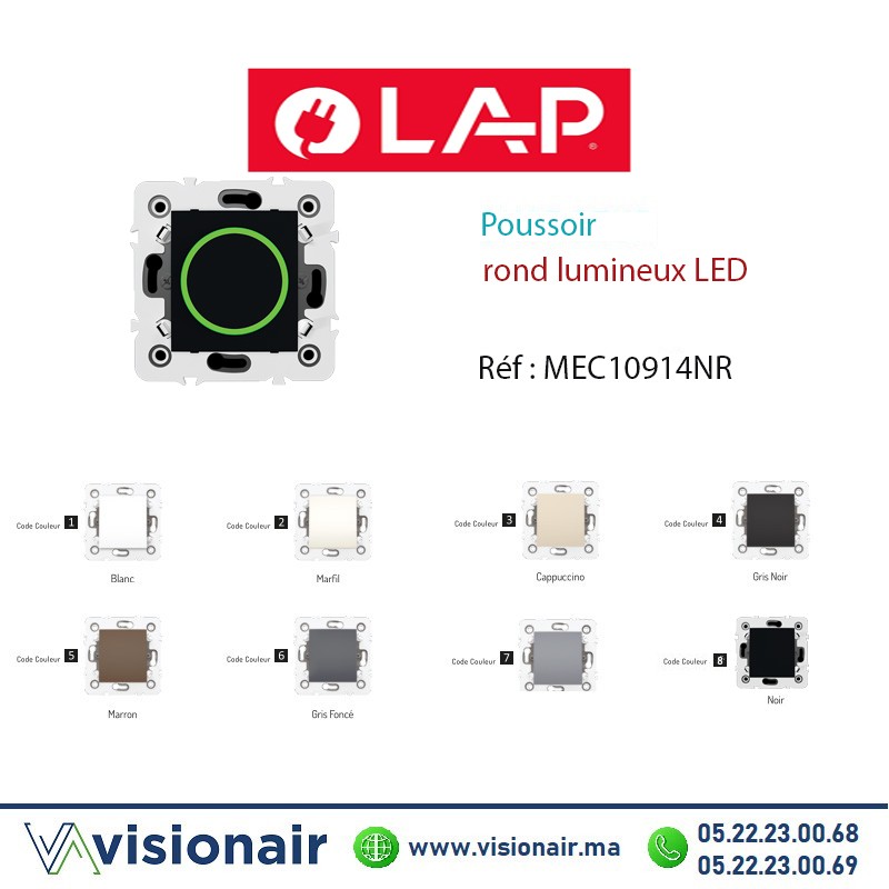 [LAP10915NR] Poussoir rond lumineux  LAP Millenium noir 10915NR