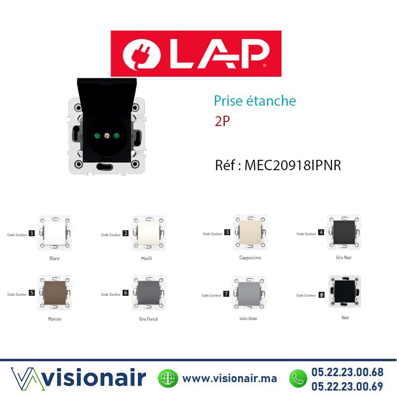 [20918IPNR] Prise étanche 2P Noir LAP Millenium 20918IPNR