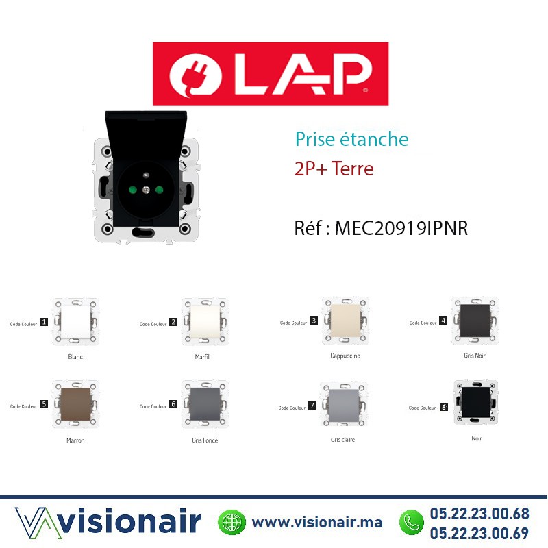 [LAP20919IPNR] Prise étanche 2P+Terre  Noir LAP Millenium 20919IPNR