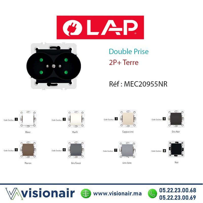 [20955NR] Double prise de courant 2P+T Noir LAP MILLENIUM 20955NR