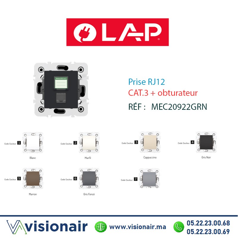 [20922NR] Prise RJ12 CAT3 + obturateur Noir LAP MILLENIUM 20922NR