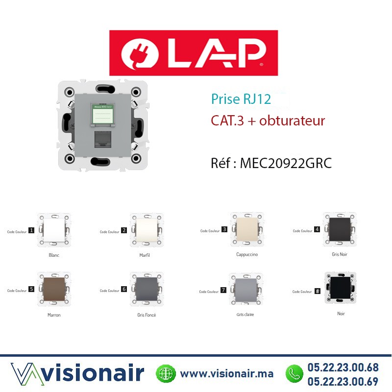 [20922GRC7] Prise RJ12 CAT.3 + obturateurs Gris clair LAP Millenium 20922GRC