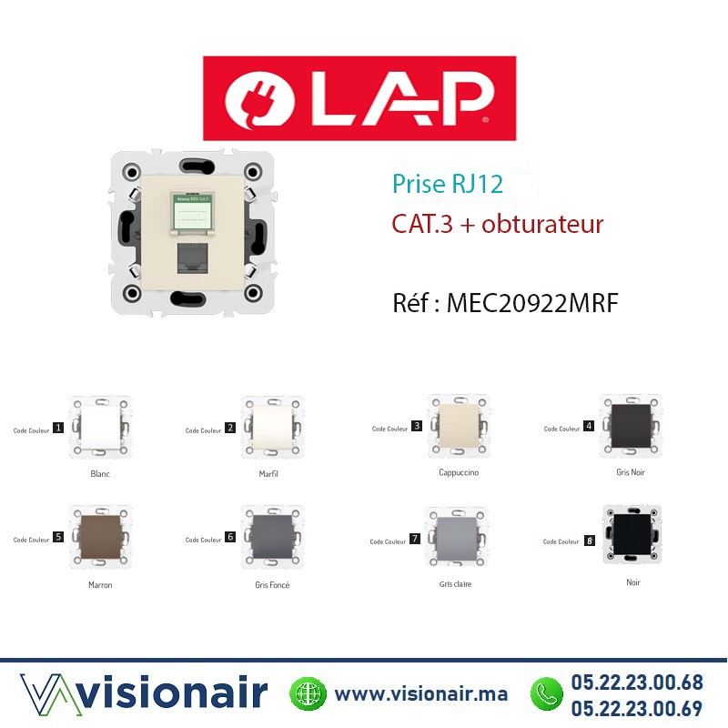 [20922MRF2] Prise RJ12 CAT3 + obturateur LAP MILLENIUM Marfil 20922MRF