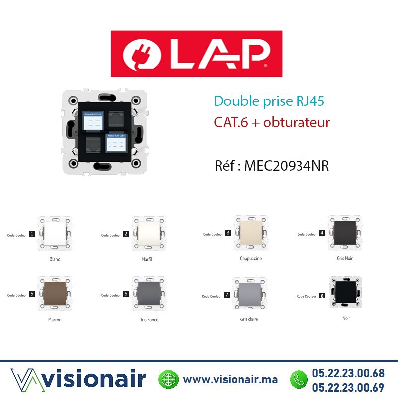 [20936NR] Double prise RJ45 CAT.6 + obturateurs Noir LAP Millenium 20936NR