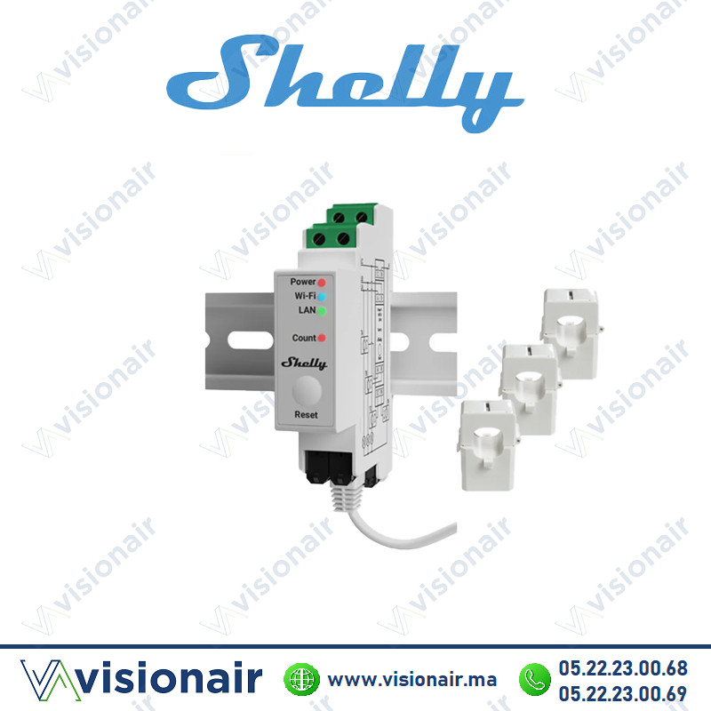 [SHELLY-PRO3EM] Relais domotique SHELLY Wi-Fi Pro 3EM compteur triphasé avec 3 pinces 120A SHELLY-PRO3EM