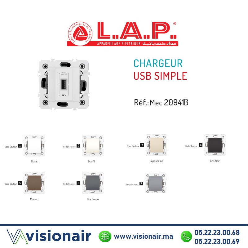 [LAP20941BL1] Chargeur USB simple LAP Millenium BLANC 20941BL1