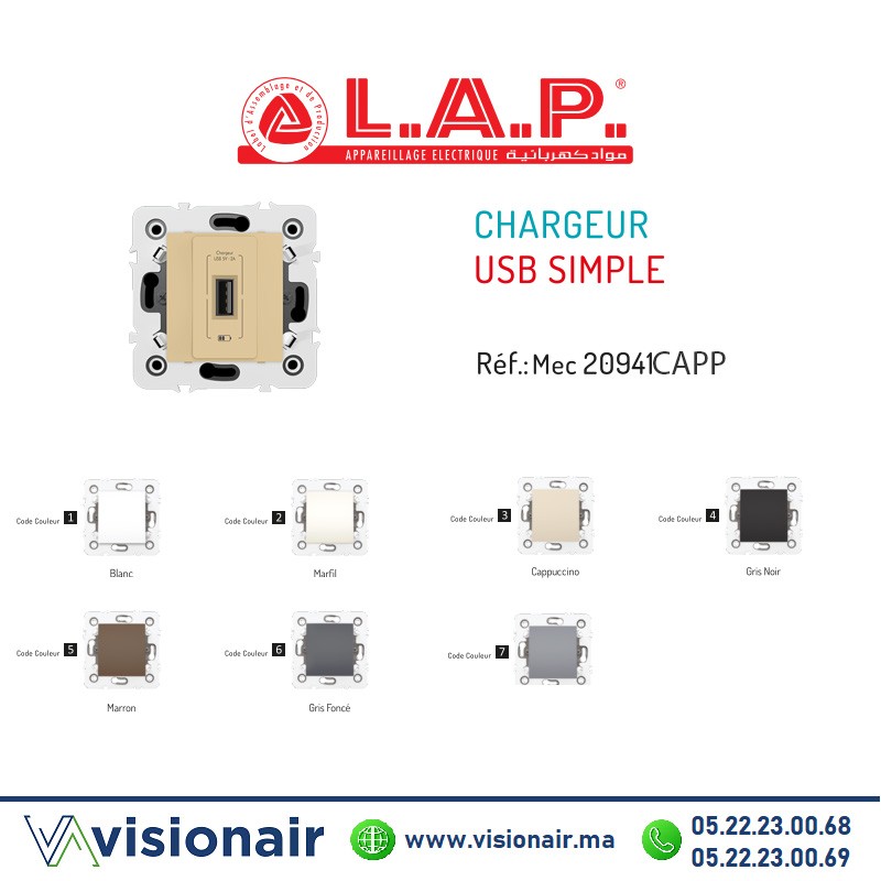 [LAP20941CAP3] Chargeur USB simple LAP MILLENIUM CAPP 20941CAP3