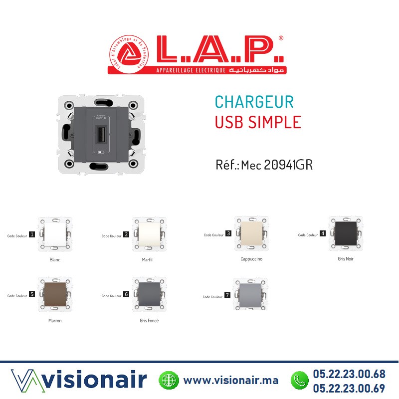 [LAP20941GR6] Chargeur USB simple LAP MILLENIUM Gris Foncé 20941GR6