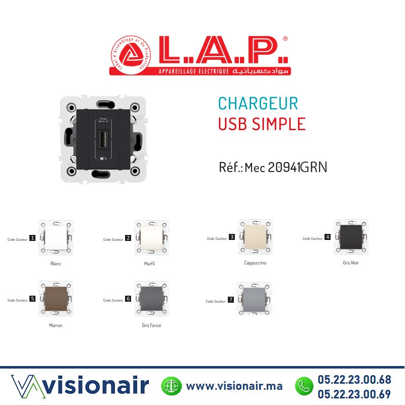 [LAP20941GRN4] Chargeur USB simple LAP Milleium Gris Noir LAP20941GRN4