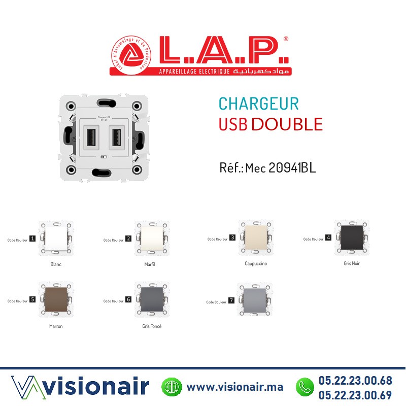 [LAP20942BL1] Chargeur USB double LAP Millenium Blanc 20942BL1