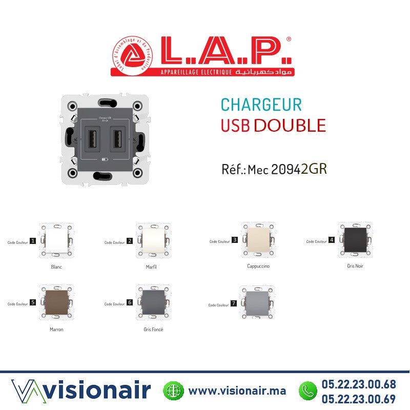 [LAP20942GR6] Chargeur USB double LAP Millenium Gris foncé 20942GR6