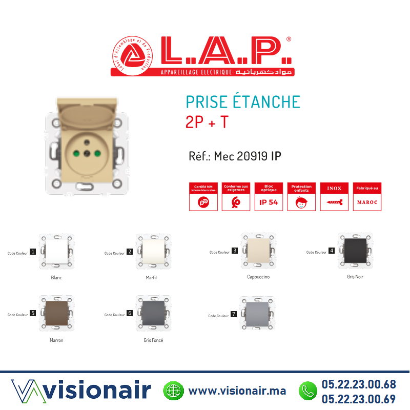 [LAP20919IP] Prise de courant étanche 2P+T LAP MILLENIUM 20919IP